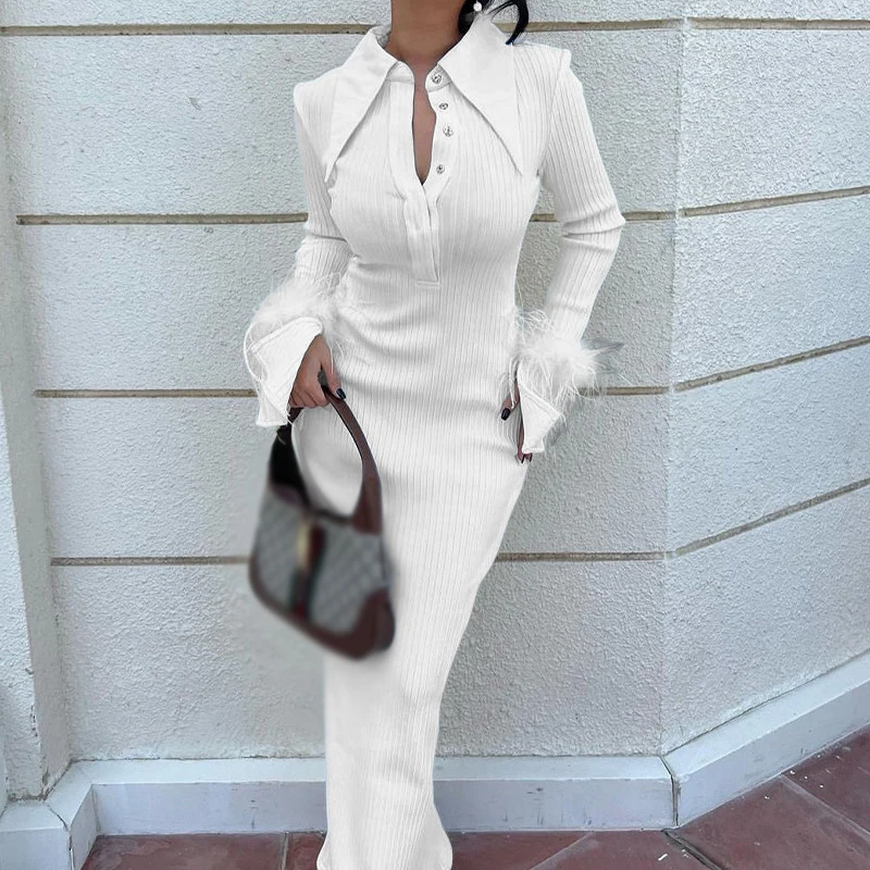 Fashion Lapel Button Thread Knitted Dress Flying Feathers Patchwork Long Sleeve Slim Dress Women Elegant Solid Shirt Maxi Dress
Fashion Lapel Button Thread Knitted Dress Flying Feathers Patchwork Long Sleeve Slim Dress Women Elegant Solid Shirt Maxi Dress