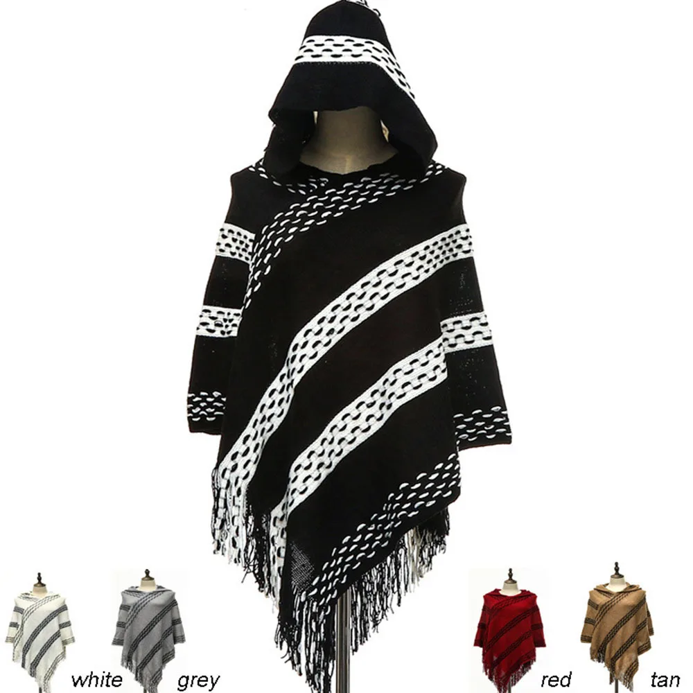 

Women Winter Knit Hooded Poncho Shawl Lady Autumn Fringed Cape Sweater Pullover Vintage Chic Tassels Cloak Hoodies Wrap Capes