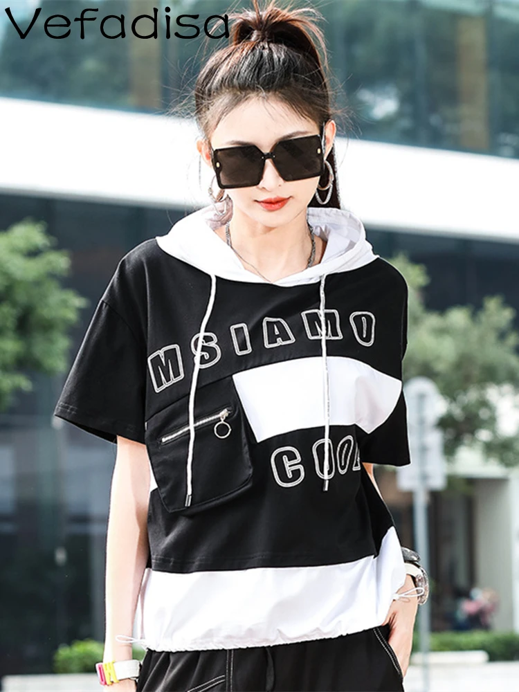 

Vefadisa 2023 Short-sleeved T-shirt Women Summer Version Loose Letter Fashion Label Patchwork Pullover Hooded Drawcord With ZY97
