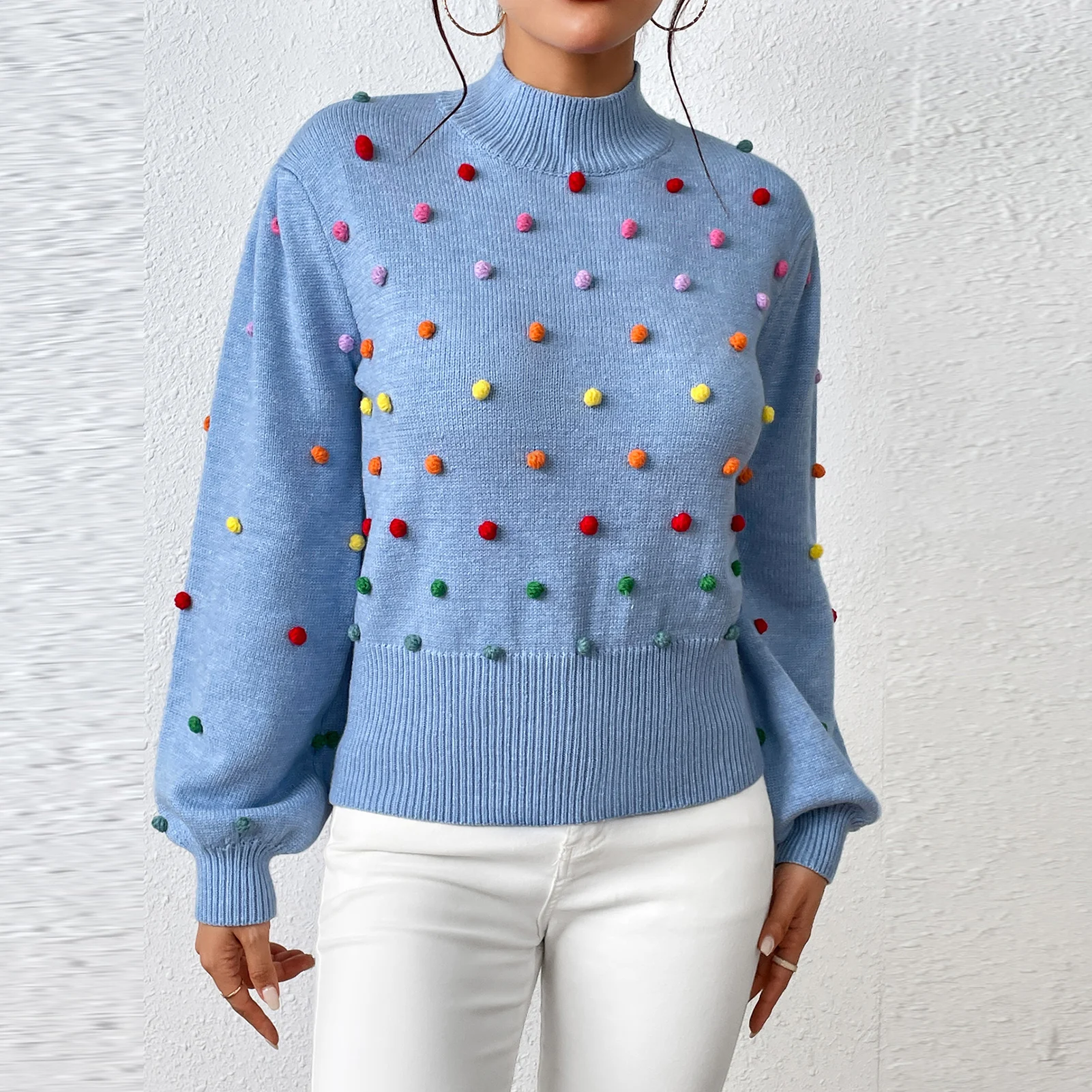 

Women's Sweater Pullover 2023 Basic Rainbow Pom Pom Jumper Vintage Knitted Crew Neck Long Sleeve Jumper Cute Style All-Match