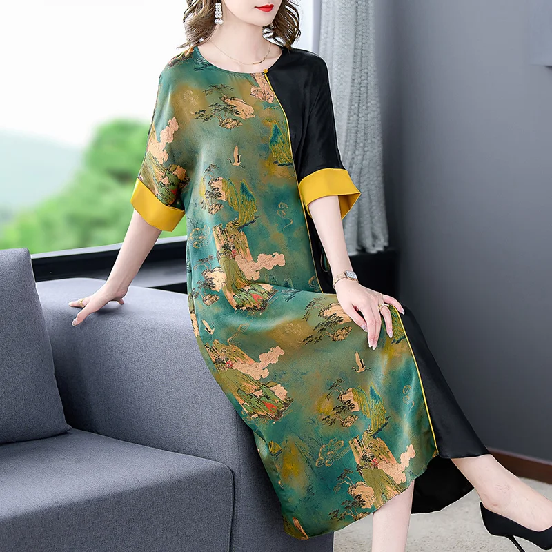 

Женское облегающее платье-поло средней длины, элегантное винтажное платье из шелка тутового шелкопряда с цветочным принтом, в Корейском стиле, для офиса и вечерние, лето 2023
