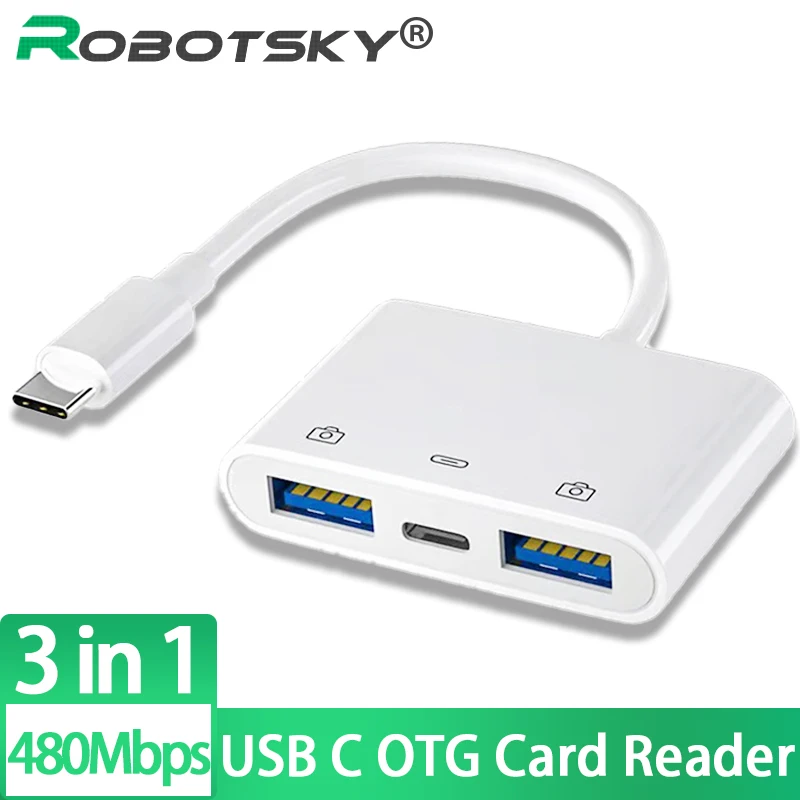 

3 in 1 USB C to USB OTG Card Reader Flash Drive with Type C Charging Port Connect U Disk/Mouse/Keyboard for Type C Phone Adapter