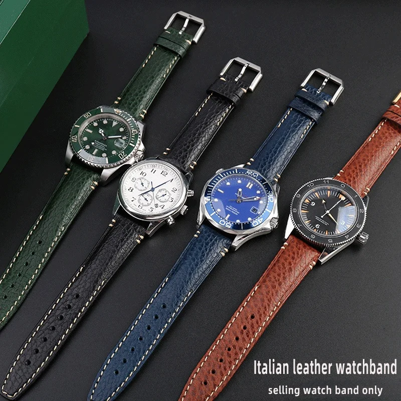 

20mm Black blueItalian leather watchband For IWC Pilot Mark Rolex Longines L2 L3 L4 Soft Lychee grain strap men's watch Bracele