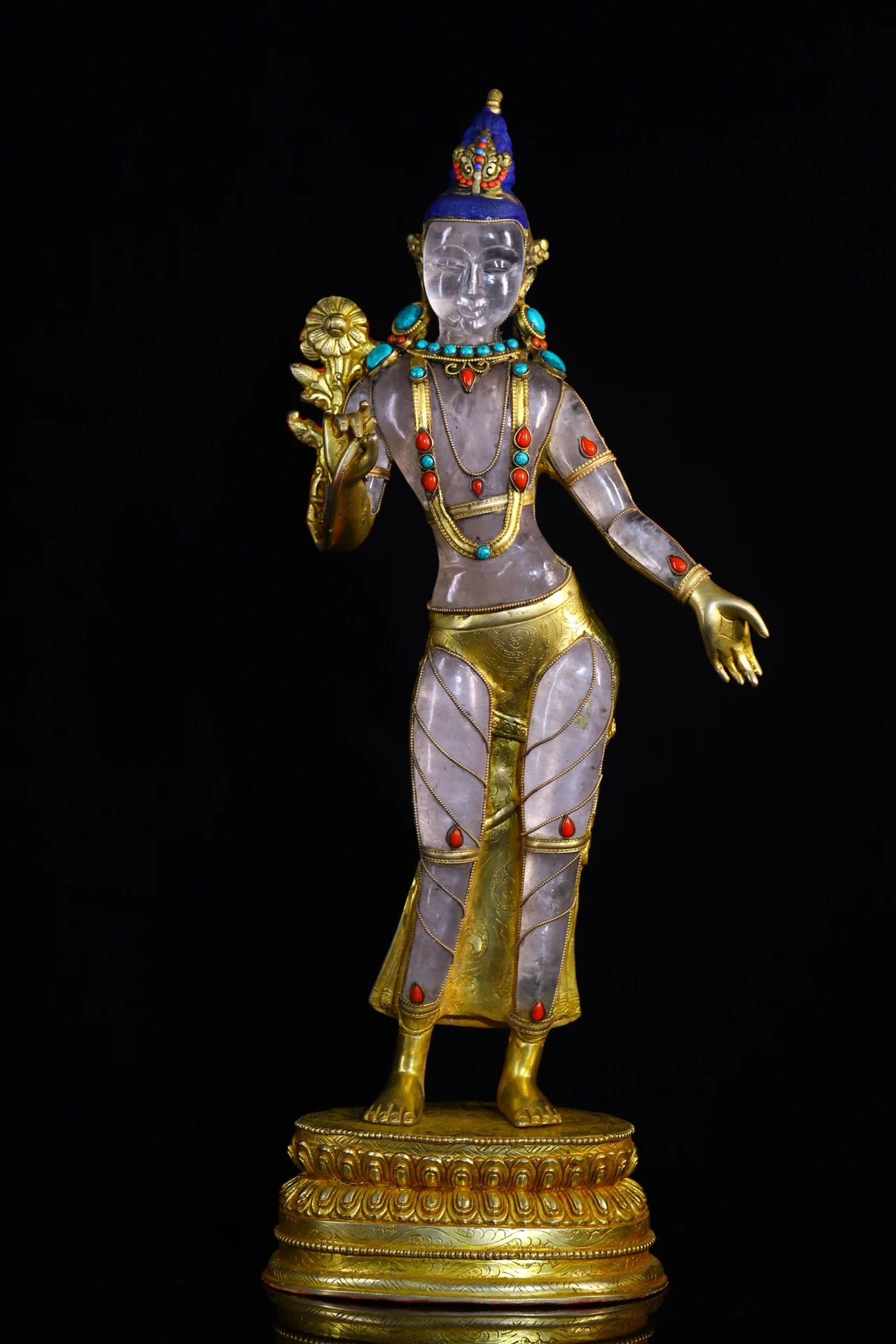 18" Tibetan Temple Collection Old Natural Crystal Gilt Gem Standing Tara Bodhisattva lotus platform worship buddha Town House
18" Tibetan Temple Collection Old Natural Crystal Gilt Gem Standing Tara Bodhisattva lotus platform worship buddha Town House