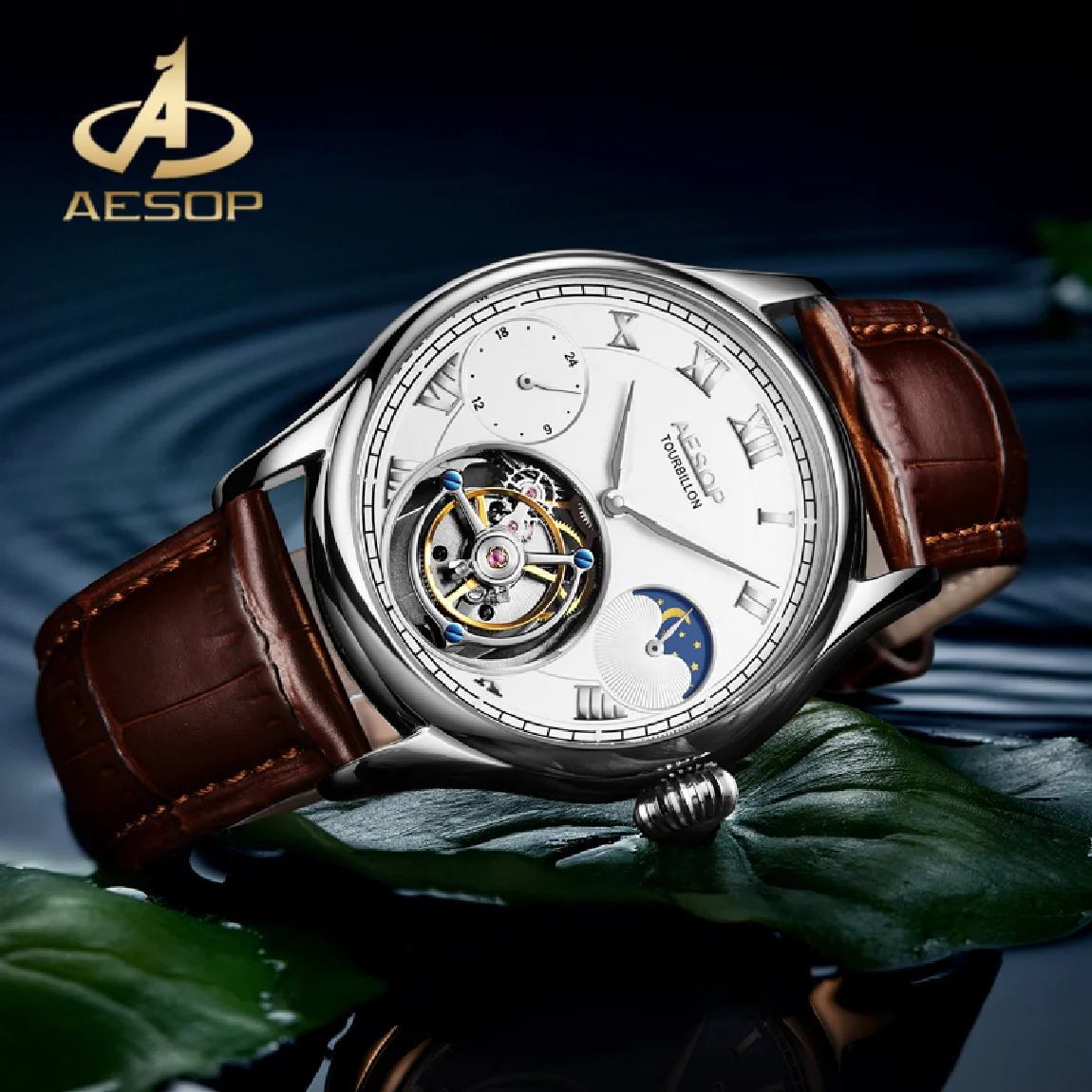 AESOP Mens Watches Genuine Leather Strap Tourbilion Mechanical Wristwatch Moon Phase Waterproof Multifunction Men Watch
AESOP Mens Watches Genuine Leather Strap Tourbilion Mechanical Wristwatch Moon Phase Waterproof Multifunction Men Watch