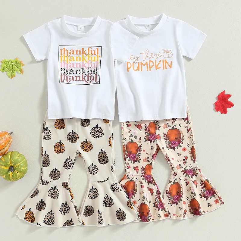 

2023-07-02 Lioraitiin 0-4Years Baby Girl 2Pcs Fall Outfits Letter Short Sleeve T-Shirt Pumpkin Print Flare Long Pants Set