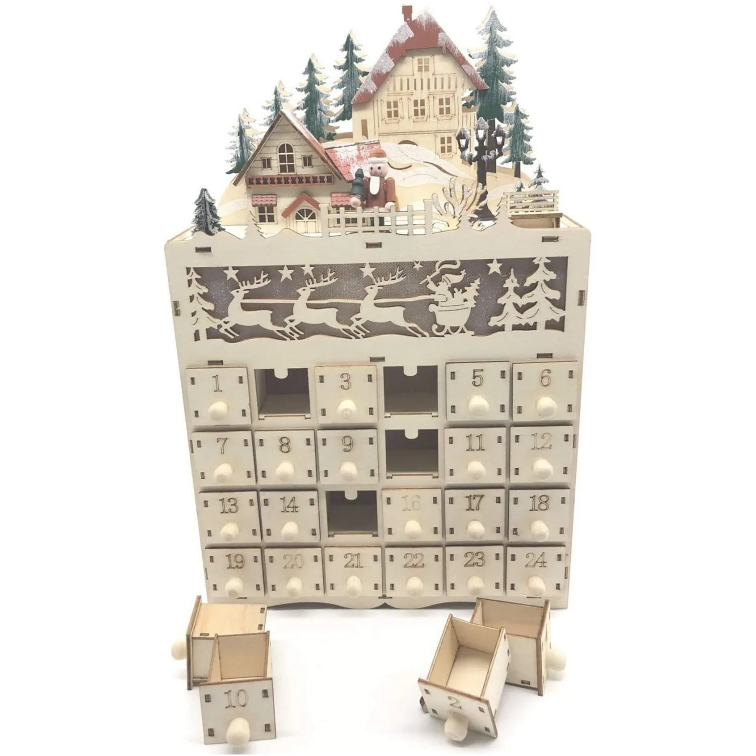 Wooden Christmas Advent Calendar Countdown to Christmas LED Holiday Decoration 24 Drawers with LED Light
Wooden Christmas Advent Calendar Countdown to Christmas LED Holiday Decoration 24 Drawers with LED Light