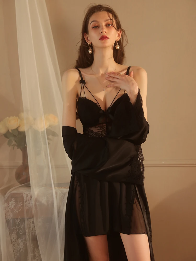 Silky Soft Women's Satin Pajama Set 2 Pieces Sexy Lace See-Through Lingerie Robe & Gown Sets Backless Spaghetti Strap Dress
Silky Soft Women's Satin Pajama Set 2 Pieces Sexy Lace See-Through Lingerie Robe & Gown Sets Backless Spaghetti Strap Dress