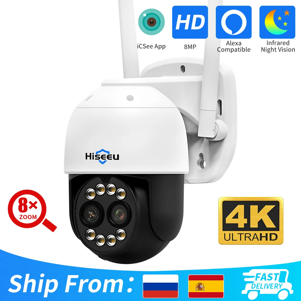 

IP-камера Hiseeu, 4K, 8 Мп, PTZ, Wi-Fi, 8-кратный зум, двойной объектив 3,6 + 12 мм, ночное видение, обнаружение человека, камера видеонаблюдения s