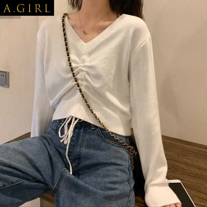 T-shirt Spring Shirring Design Ulzzang Vintage V-neck Cropped Knitted All-match Fashion College Popular 4 Colors Mujer Ins New
T-shirt Spring Shirring Design Ulzzang Vintage V-neck Cropped Knitted All-match Fashion College Popular 4 Colors Mujer Ins New