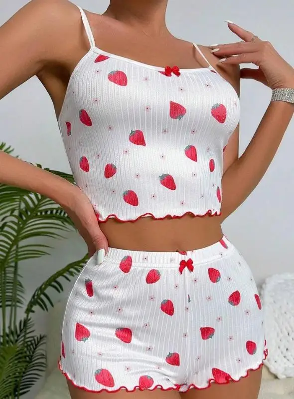 

New Fashion 2023 Summer Casual Sexy Strawberry Print Frill Hem Cami Set Home Female Clothing Outfits Suit