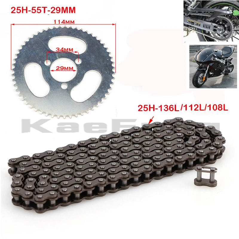 

47cc 49cc 2 stroke engine parts 25H 108\112\ or 136 links chain loops and rear 55T 29 inner diameter sprocket