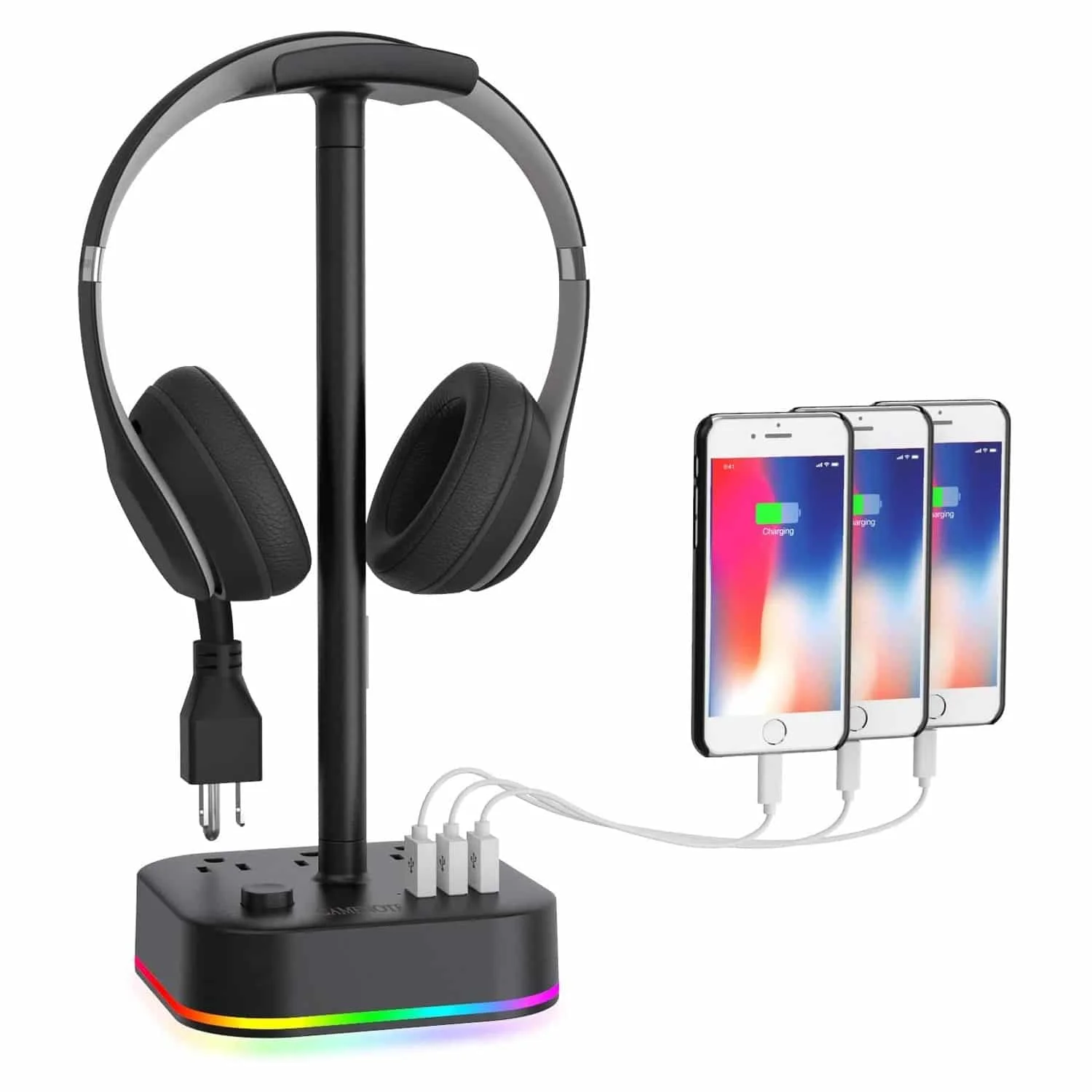 Подставка для гарнитуры RGB с 3 USB-портами для зарядки и 3 черными розетками питания
Подставка для гарнитуры RGB с 3 USB-портами для зарядки и 3 черными розетками питания