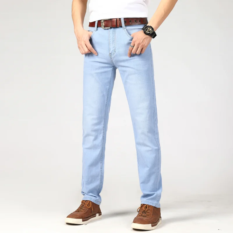 

Джинсы мужские тонкие небесно-голубые, классические брюки Slim Fit в деловом стиле, повседневные, размер 40, лето 2023