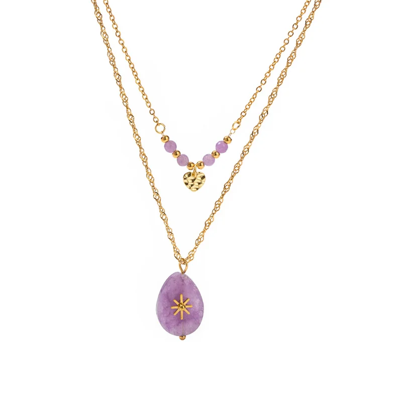 

ALLNEWME Charms Purple Natural Stone Water Drop Sun Heart Pendant Necklaces for Women 18K Gold Stainless Steel Layered Choker
