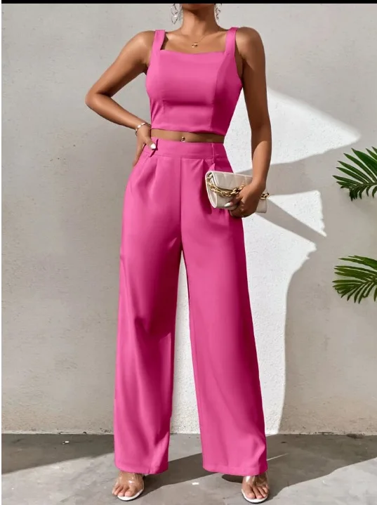 2023 New Sleeveless Casual Solid Strap Top and Wide Leg Pants Two Piece Set
2023 New Sleeveless Casual Solid Strap Top and Wide Leg Pants Two Piece Set