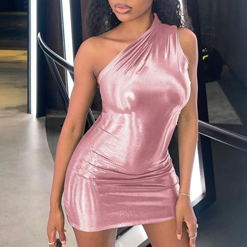 

Women Club Dress Solid Color Glossy Surface Sleeveless Bodycon Oblique Neck Dress-up One Shoulder Mini Length Summer Dress Women