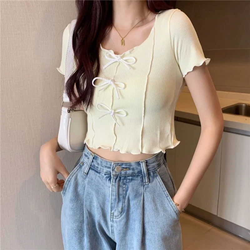 Women Fashion V-neck Summer Short Tops Japan Style Cute Bow Short Sleeve Slim T-shirts Sweet Female Casual Tshirt Streetwear Pop
Women Fashion V-neck Summer Short Tops Japan Style Cute Bow Short Sleeve Slim T-shirts Sweet Female Casual Tshirt Streetwear Pop