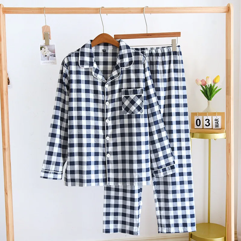2023 Japanese Spring and Autumn New Couple Pajama Set 100% Cotton Long Sleeve Pants Men's and Women's Checkered Home Furnishings
2023 Japanese Spring and Autumn New Couple Pajama Set 100% Cotton Long Sleeve Pants Men's and Women's Checkered Home Furnishings