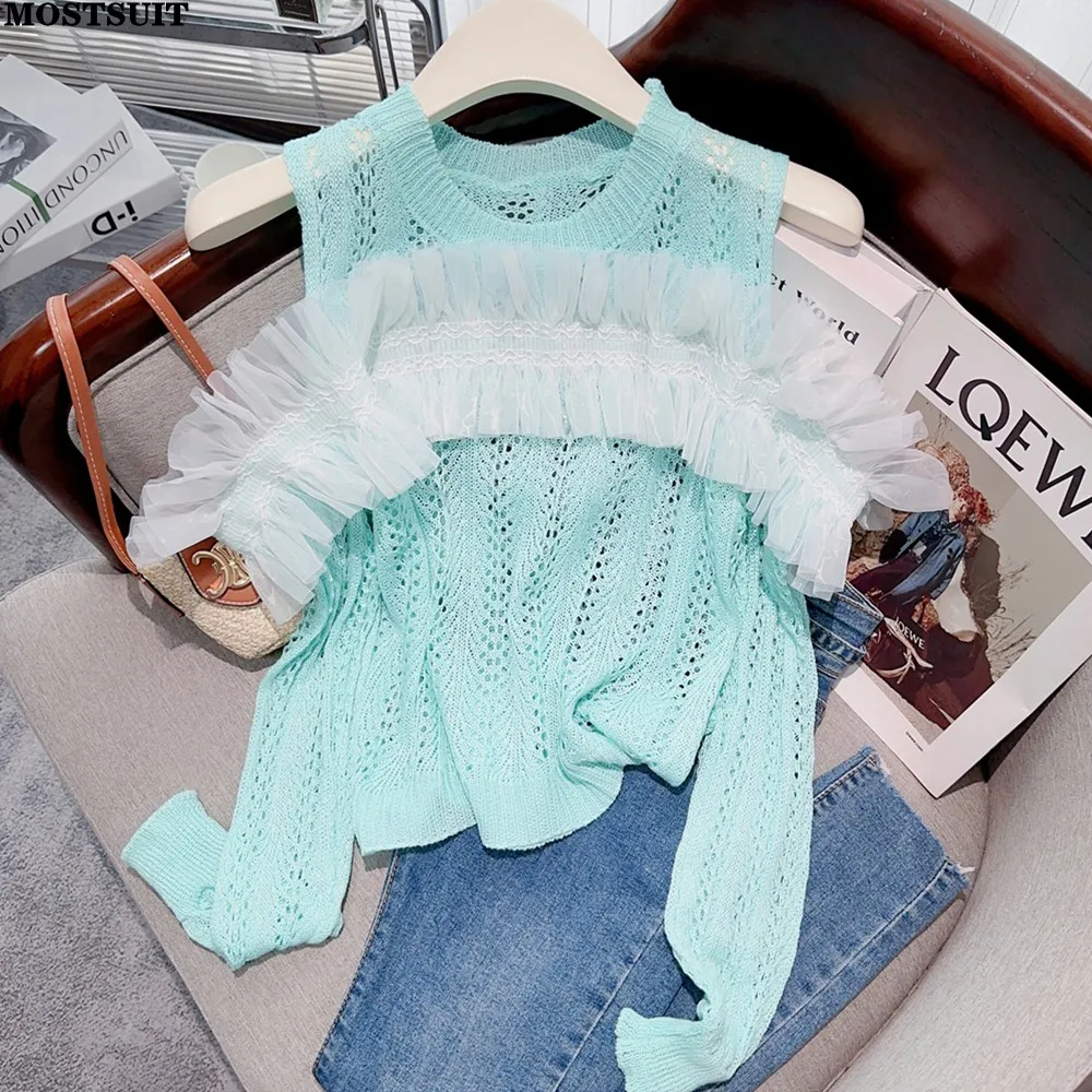 Stylish Ruffles Hollow Knit Sweater Knitwear Women Long Sleeve Shoulder-open Crop Tops Pullover Solid Elegant Chic Ladies Jumper
Stylish Ruffles Hollow Knit Sweater Knitwear Women Long Sleeve Shoulder-open Crop Tops Pullover Solid Elegant Chic Ladies Jumper