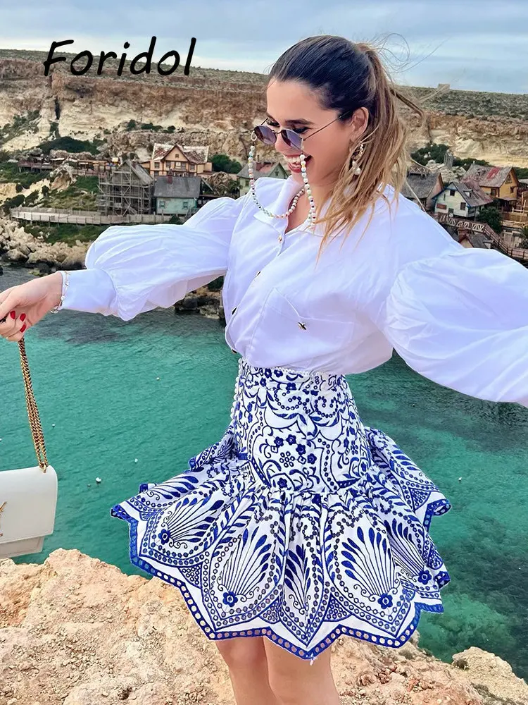 Мини-юбка с оборками и вышивкой, летняя пляжная юбка-трапеция в стиле бохо, короткая модная шикарная Однотонная юбка с высокой талией, 2023