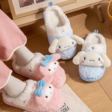 Kawaii Sanrio Hello Kitty Winter Plush Non Slip Slippers Anime Cute Kuromi Cinnamoroll Yk2 Women Home Fuzzy Slipper Flat Shoes