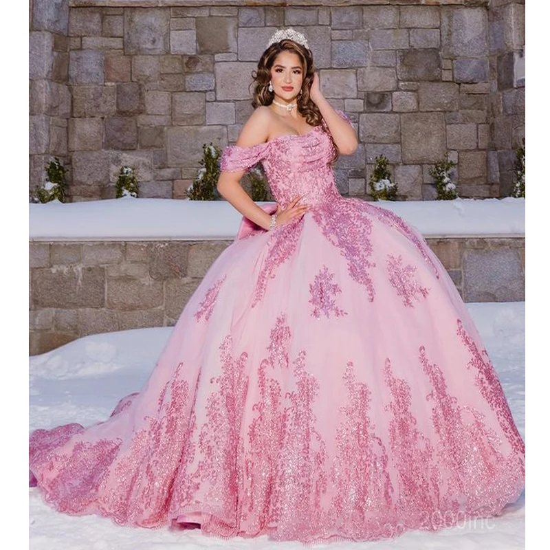 Pink Bling Crystal Quinceanera Dress Ball Gown Prom Dress Off Shoulder Beads With Big Bow Sweet 15 Birthday Party Formal Wear
Pink Bling Crystal Quinceanera Dress Ball Gown Prom Dress Off Shoulder Beads With Big Bow Sweet 15 Birthday Party Formal Wear