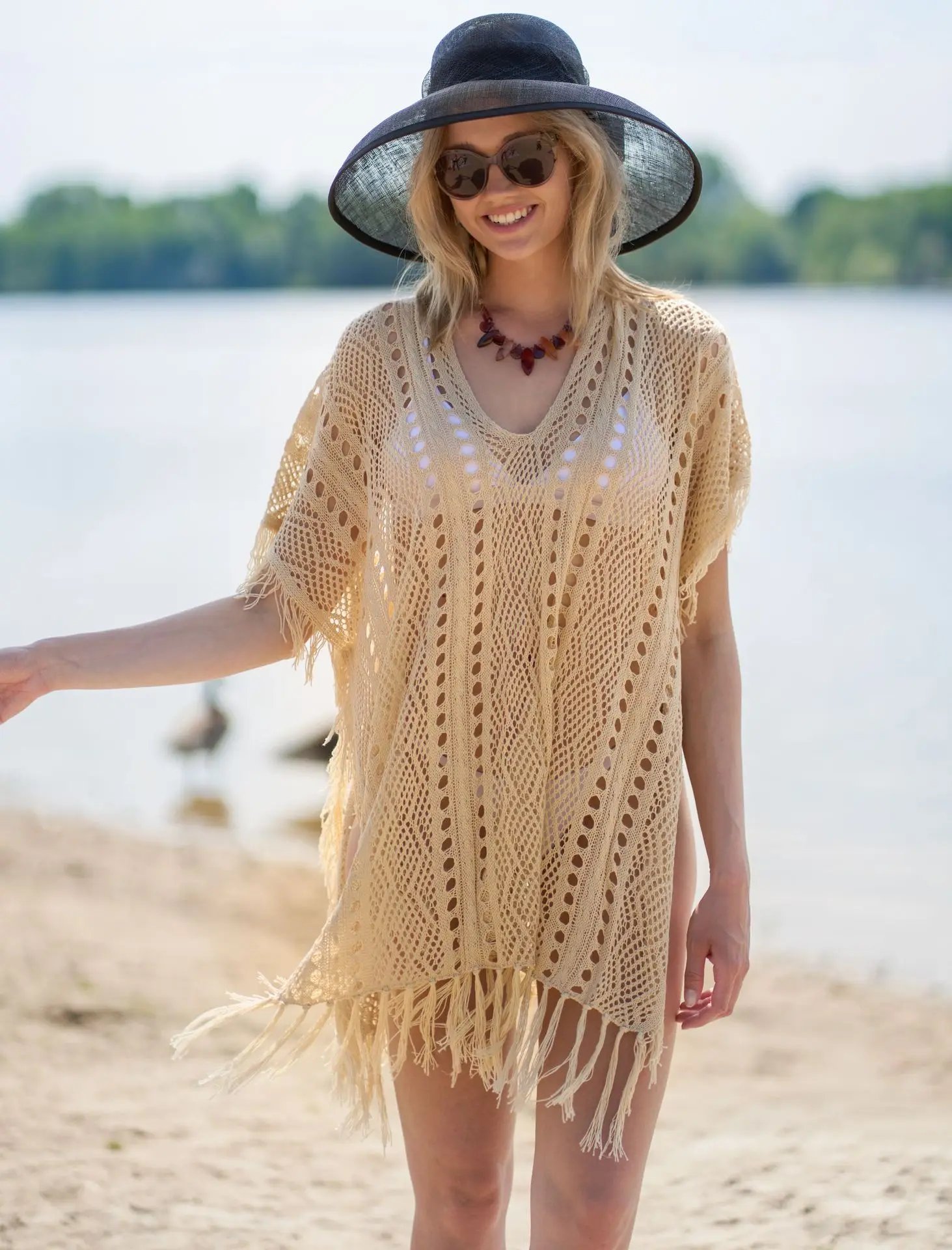 

Beige Crochet Tunic Sexy Hollow Out See Through Fringed Mini Dress Summer Clothes Women Beach Wear Swim Suit Cover Up