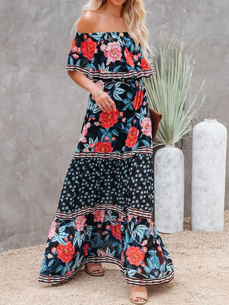 New Women Summer Lace-up Ruffle Hem Long Dress Elegant Flower Print Boho Party Dresses Spring Sexy Off Shoulder Maxi Beach Dress
New Women Summer Lace-up Ruffle Hem Long Dress Elegant Flower Print Boho Party Dresses Spring Sexy Off Shoulder Maxi Beach Dress
