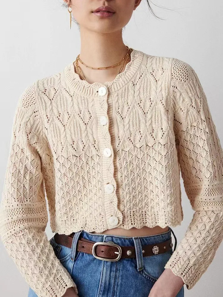 Women Hollow Out Knit Short Cardigan Cotton O-Neck New All-Match Autumn 2022 Ladies Single Breasted Knitted Sweater
Women Hollow Out Knit Short Cardigan Cotton O-Neck New All-Match Autumn 2022 Ladies Single Breasted Knitted Sweater