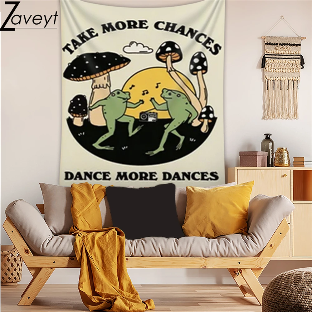 

Cartoon Dancing Frog Mushroom Tapestry Print "Take more chances,dance more dances" Letter Wall Cloth 70's80's Disco Hippie