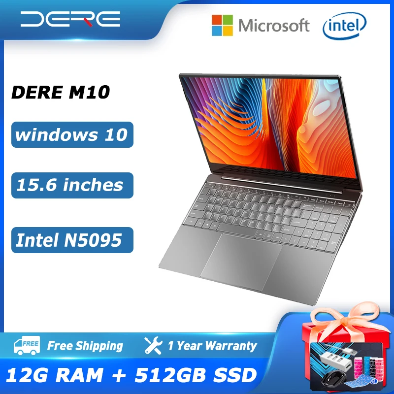 

Dere Laptop M10 15.6" 12GB RAM 512GB SSD Intel Celeron N5095 Computer Dual Band Wifi Pc Portable 1920x1080 Windows 10 Notebook