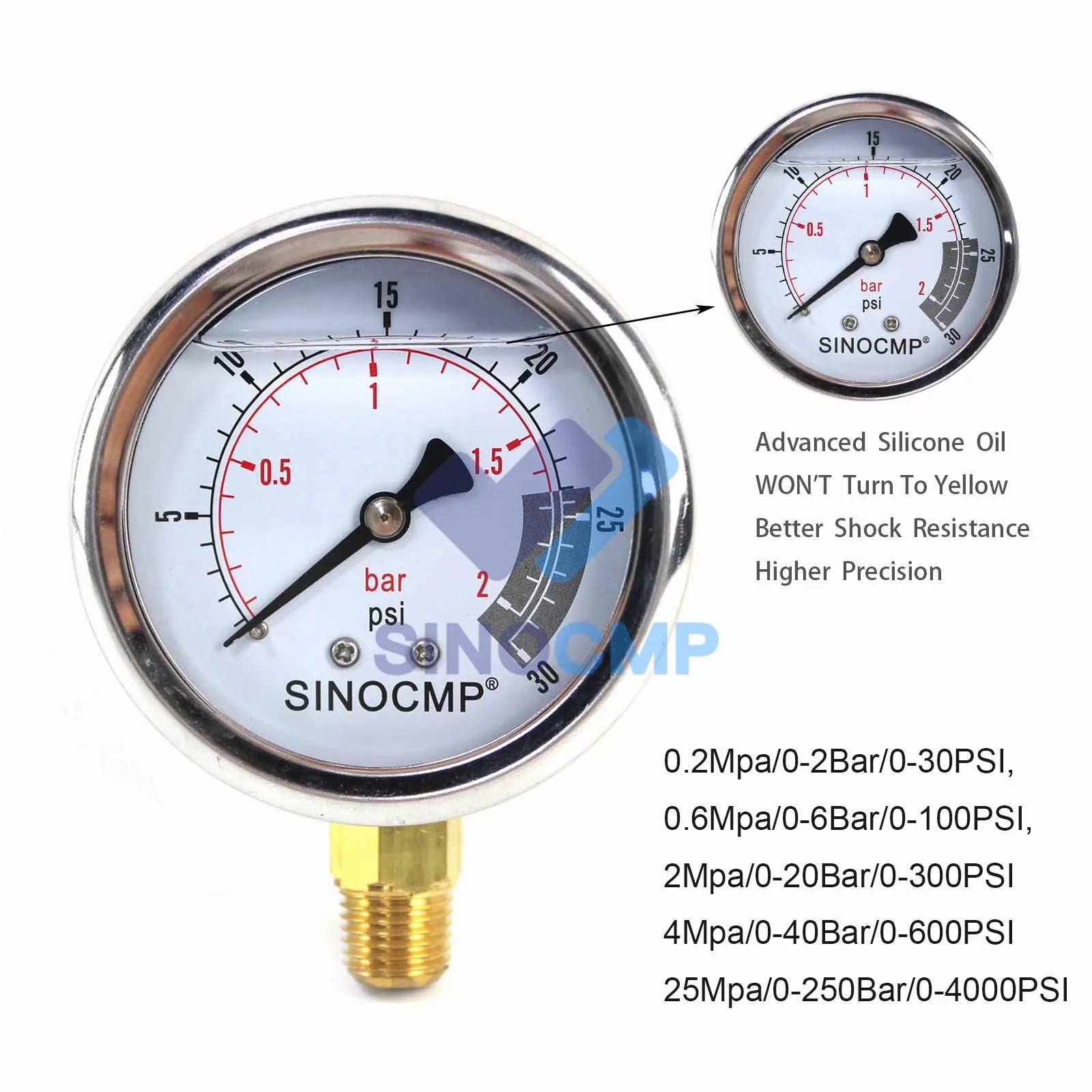 1pc Hydraulic Pressure Gauge 0.2 / 0.6 / 2 / 4 / 25 Mpa Multi Purpose Double Scale Analog Stainless Steel Glycerin Filled Gauges
1pc Hydraulic Pressure Gauge 0.2 / 0.6 / 2 / 4 / 25 Mpa Multi Purpose Double Scale Analog Stainless Steel Glycerin Filled Gauges