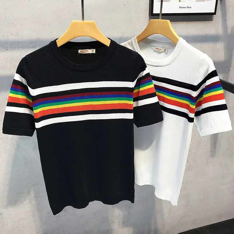 Striped short sleeve knitwear men's summer tide brand Korean slim round neck jacket half sleeve T-shirt
Striped short sleeve knitwear men's summer tide brand Korean slim round neck jacket half sleeve T-shirt
