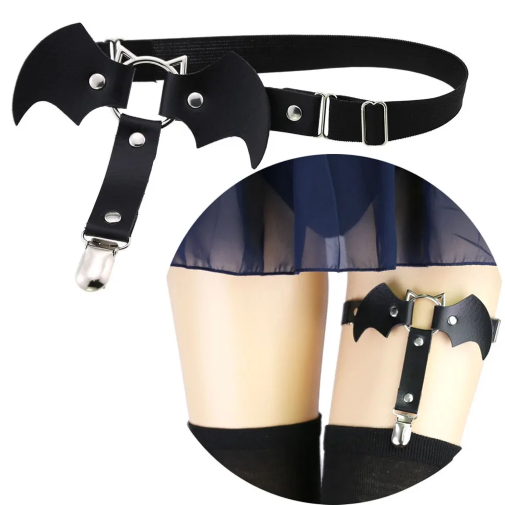

Goth Style PU Leather Cosplay Accessory Sexy Leg Belt Metal Buckles Suspenders Body Jewelry Elastic Bat Garter