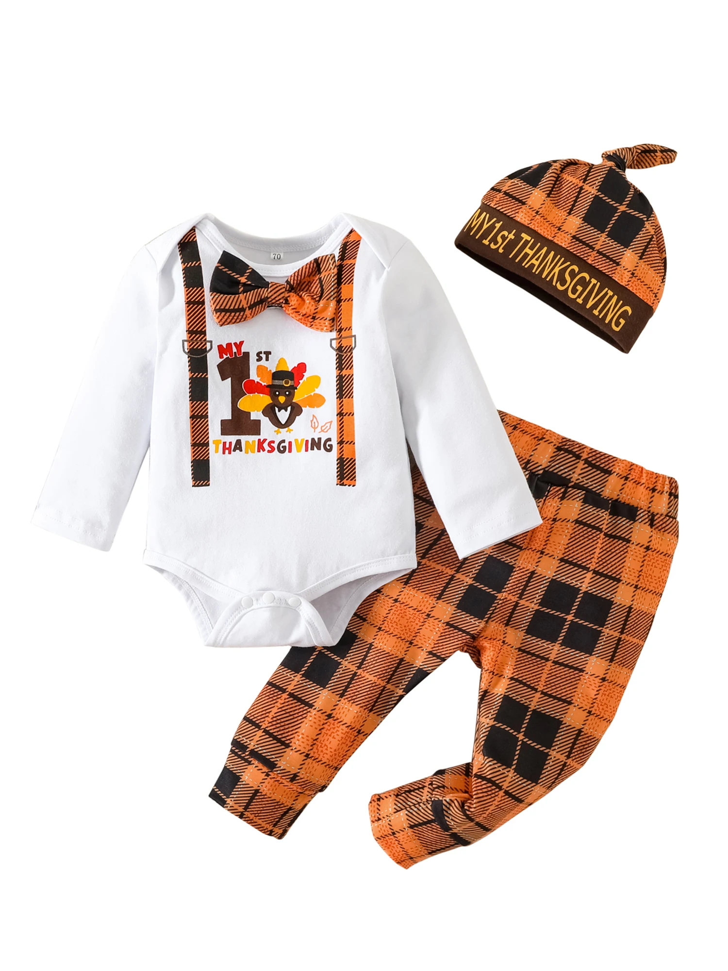 Baby Boys First Christmas Thanksgiving Outfit Sets Long Sleeve Turkey Print Romper Plaid Pants Hat
Baby Boys First Christmas Thanksgiving Outfit Sets Long Sleeve Turkey Print Romper Plaid Pants Hat