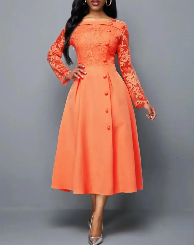 Summer 2022 Women's Dresses Wedding Guest Contrast Lace Button Long Sleeve Chic Party Flare Mid Calf Elegant Dress
Summer 2022 Women's Dresses Wedding Guest Contrast Lace Button Long Sleeve Chic Party Flare Mid Calf Elegant Dress