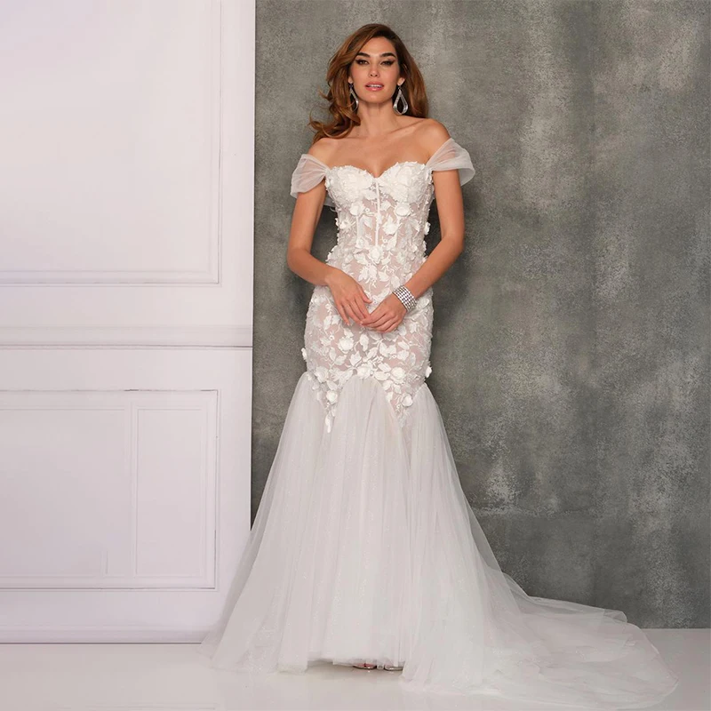 Изящные Свадебные платья милой русалки с открытыми плечами кружевные аппликационные Свадебные платья Vestido De Noiva 
Изящные Свадебные платья милой русалки с открытыми плечами кружевные аппликационные Свадебные платья Vestido De Noiva