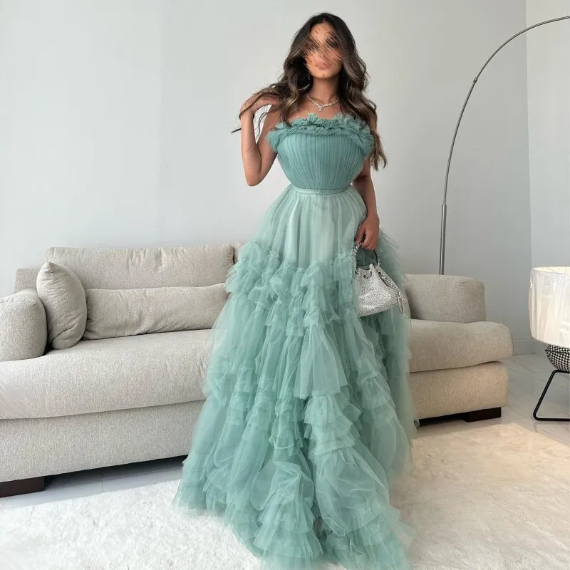 Mint Green Sexy Strapless Tiered Tulle Prom Evening Dress Sleeveless Off the Shoulder A-Line Court Train Party Gowns Vestido De 
Mint Green Sexy Strapless Tiered Tulle Prom Evening Dress Sleeveless Off the Shoulder A-Line Court Train Party Gowns Vestido De
