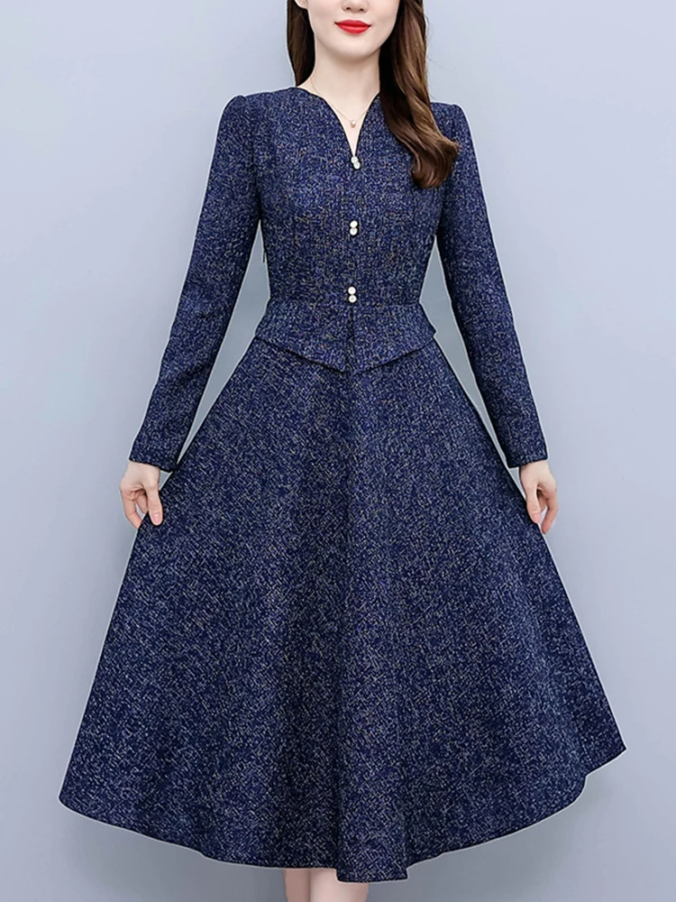2023 Autumn Winter Tweed Vintage Midi Dress Casual Boho Women Tunics Korean Fashion Long Sleeve Luxury Blue Evening Prom Dresses 
2023 Autumn Winter Tweed Vintage Midi Dress Casual Boho Women Tunics Korean Fashion Long Sleeve Luxury Blue Evening Prom Dresses