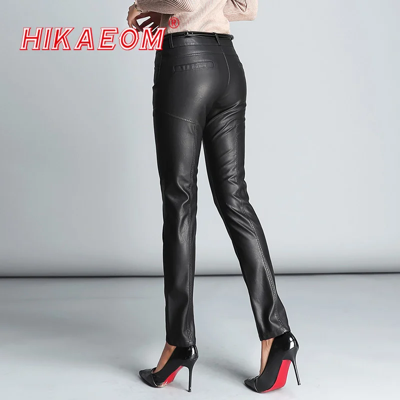 

Hot PU Leather Mid Waist Pants Women Fashion Autumn Pencil Eco-Leather Pants Chic（no belt） pantalones de vestir mujer elegantes