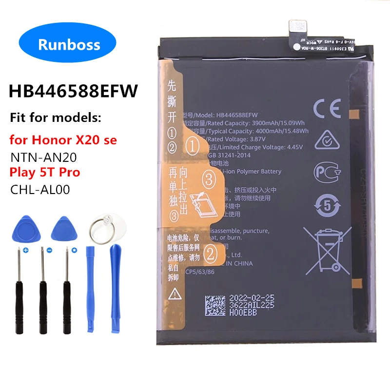 New Original 4000mAh HB446588EFW Battery For Huawei Honor X20 se / Play 5T Pro NTN-AN20 CHL-AL00 Mobile Phone
New Original 4000mAh HB446588EFW Battery For Huawei Honor X20 se / Play 5T Pro NTN-AN20 CHL-AL00 Mobile Phone