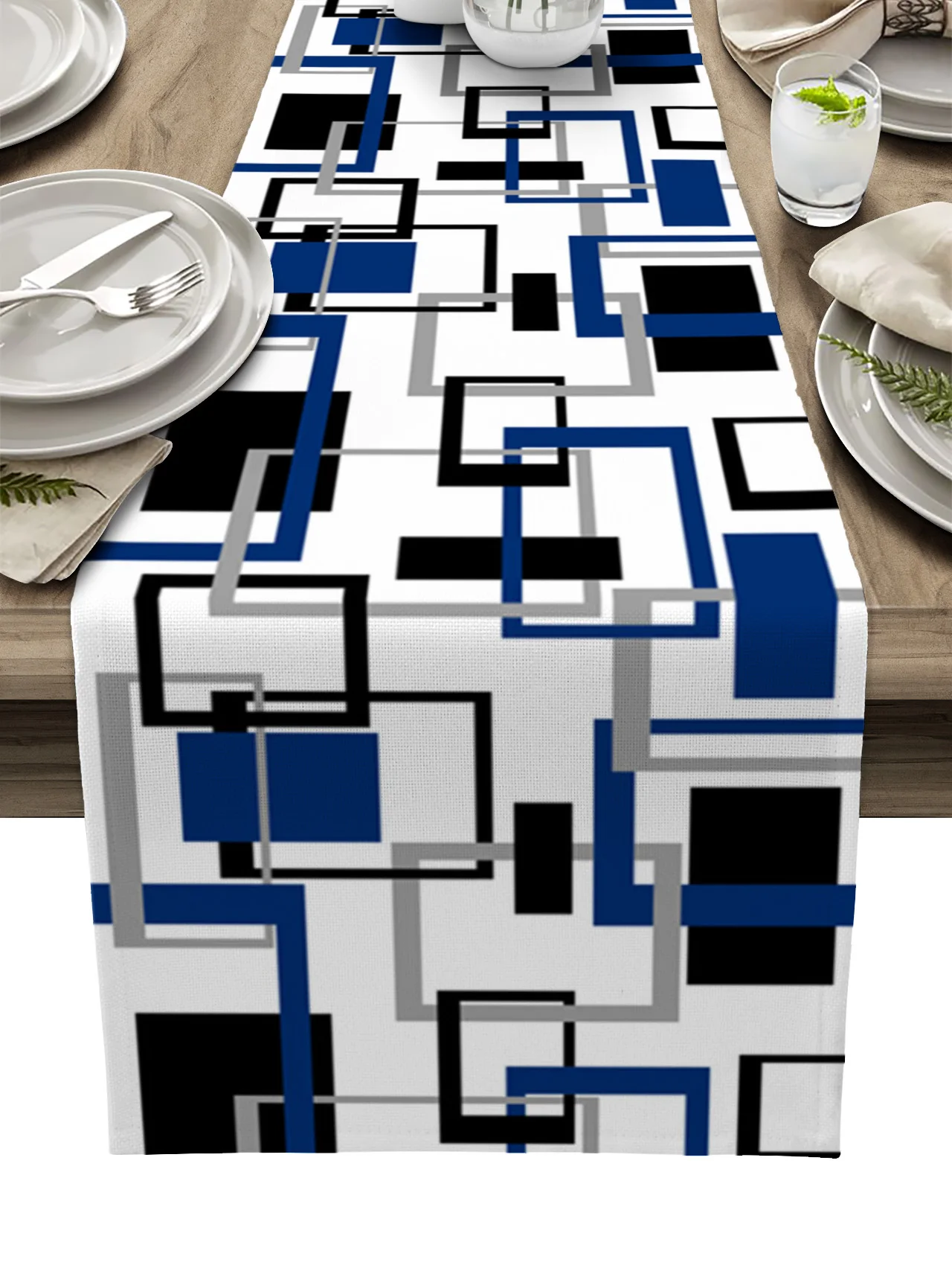 

Abstract Geometry Square Modern Art Black Blue Table Runner luxury Kitchen Dinner Table Cover Wedding Party Decor Tablecloth