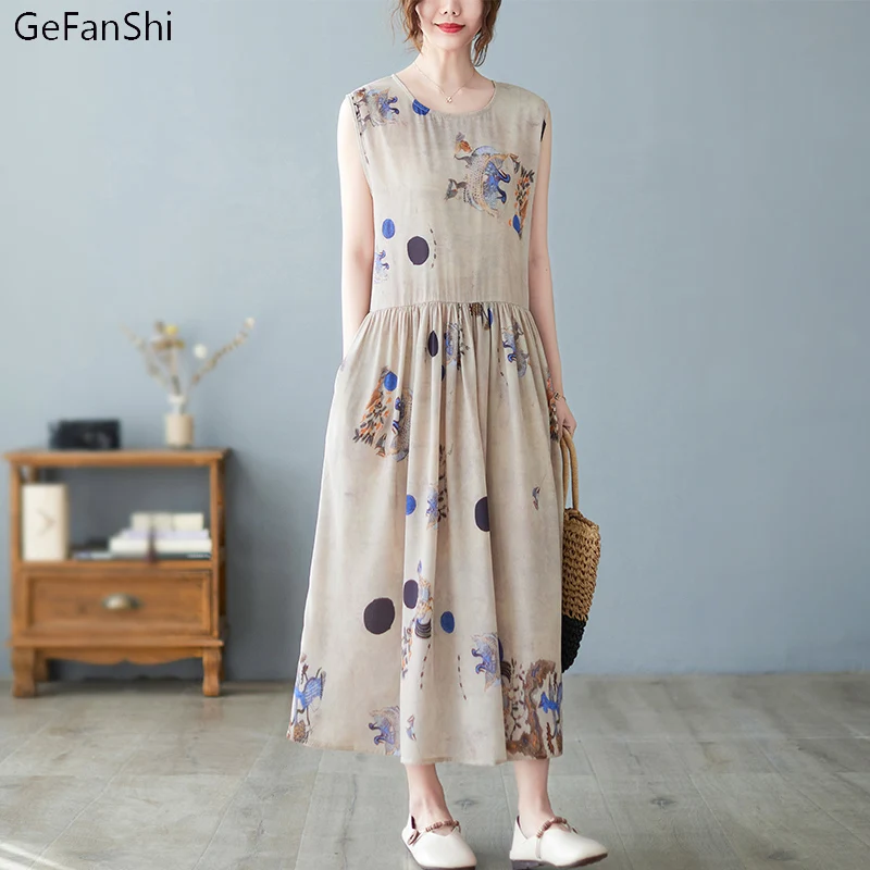 Spring Summer O-Neck Elegant Robe Long Dress Vintage Print Ladies Casual Loose Vintage Sleeveless Vest Dresses For Women
Spring Summer O-Neck Elegant Robe Long Dress Vintage Print Ladies Casual Loose Vintage Sleeveless Vest Dresses For Women