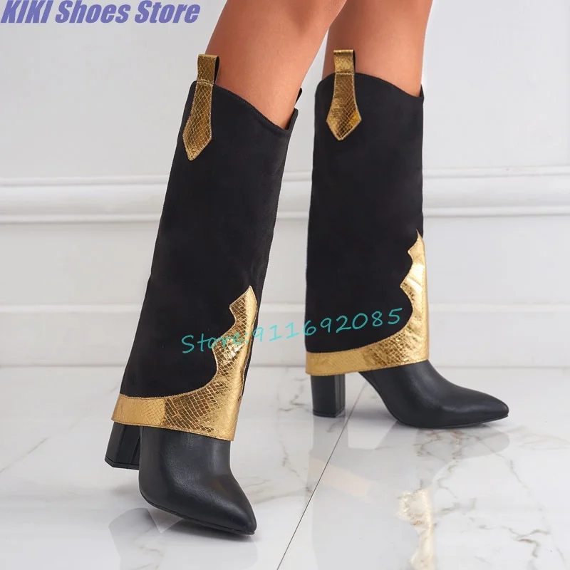 Thick-heeled high-heeled fashionable color-blocked large-size tall boots pointed-toe boots
Thick-heeled high-heeled fashionable color-blocked large-size tall boots pointed-toe boots