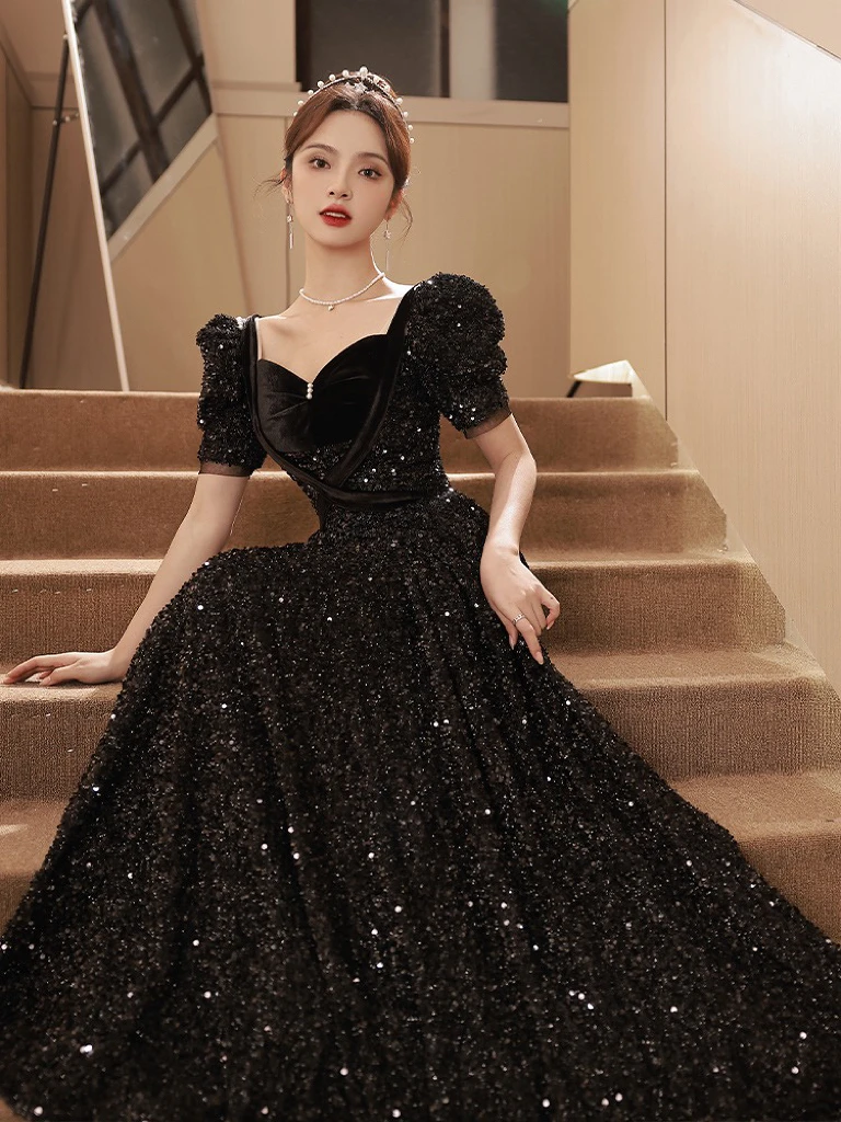 Graceful Black Prom Dress Shiny Sequined Square Collar Sweetheart A-line Pearl Puff Sleeve Long Evening Performance Gowns Woman
Graceful Black Prom Dress Shiny Sequined Square Collar Sweetheart A-line Pearl Puff Sleeve Long Evening Performance Gowns Woman