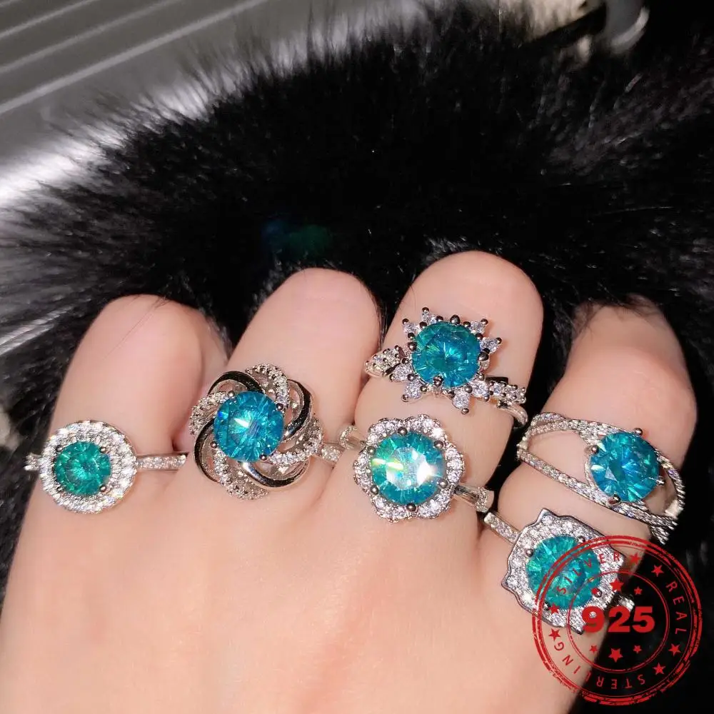 

HOYON Blue and Green Moissan Diamond style Opening Adjustable Ring Starlight Ring Real 100% S925 Silver Color Jewelry for Woman