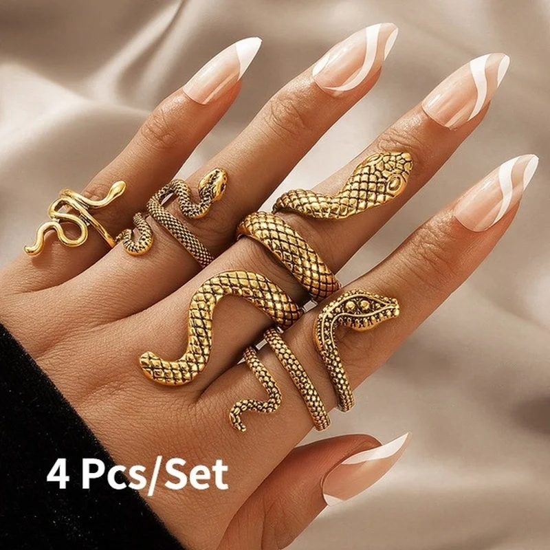 4pcs/set Rings Set for Women Vintage Snake Animal Men Silver Color Geometry Metal Ring Sets Party Gift Adjustable Jewelry
4pcs/set Rings Set for Women Vintage Snake Animal Men Silver Color Geometry Metal Ring Sets Party Gift Adjustable Jewelry