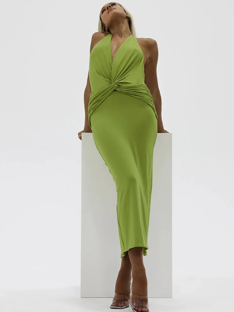 

Зеленое платье-макси с открытой спиной, женское элегантное пикантное облегающее длинное платье без рукавов с лямкой на шее и V-образным вырезом, вечернее Клубное платье с юбкой бриллиантами, 2023
