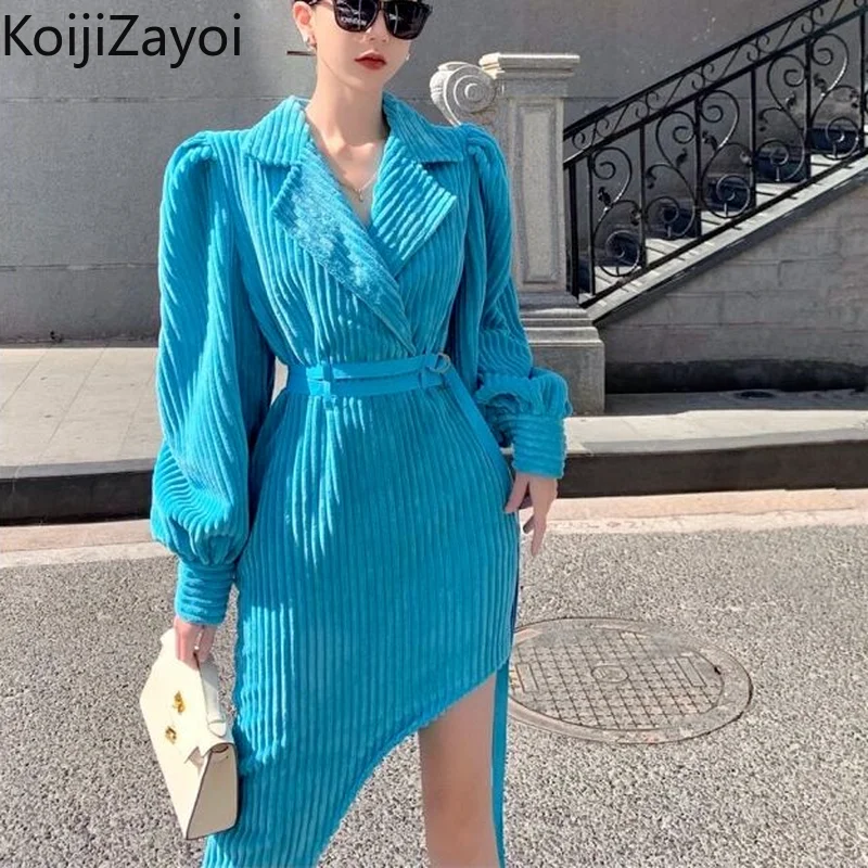 Koijizayoi Corduroy Women Solid Bodycon Party Dress Long Sleeves Notched Belt Dresses Office Lady Slim Irregular Korean Vestidos
Koijizayoi Corduroy Women Solid Bodycon Party Dress Long Sleeves Notched Belt Dresses Office Lady Slim Irregular Korean Vestidos